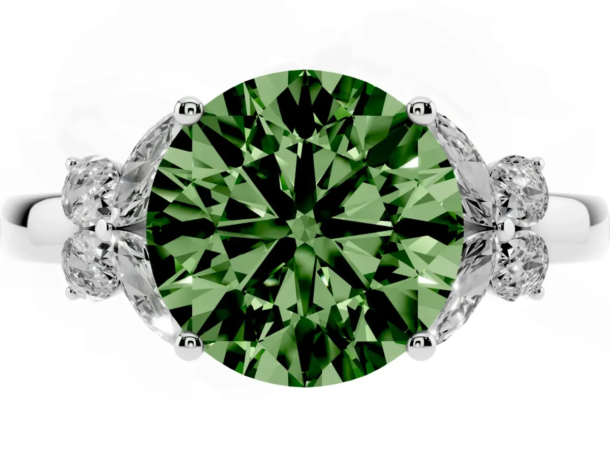 Fancy Green Round Cut Cut Solitaire Floral Diamond Ring with Four-Prong Setting Platinum