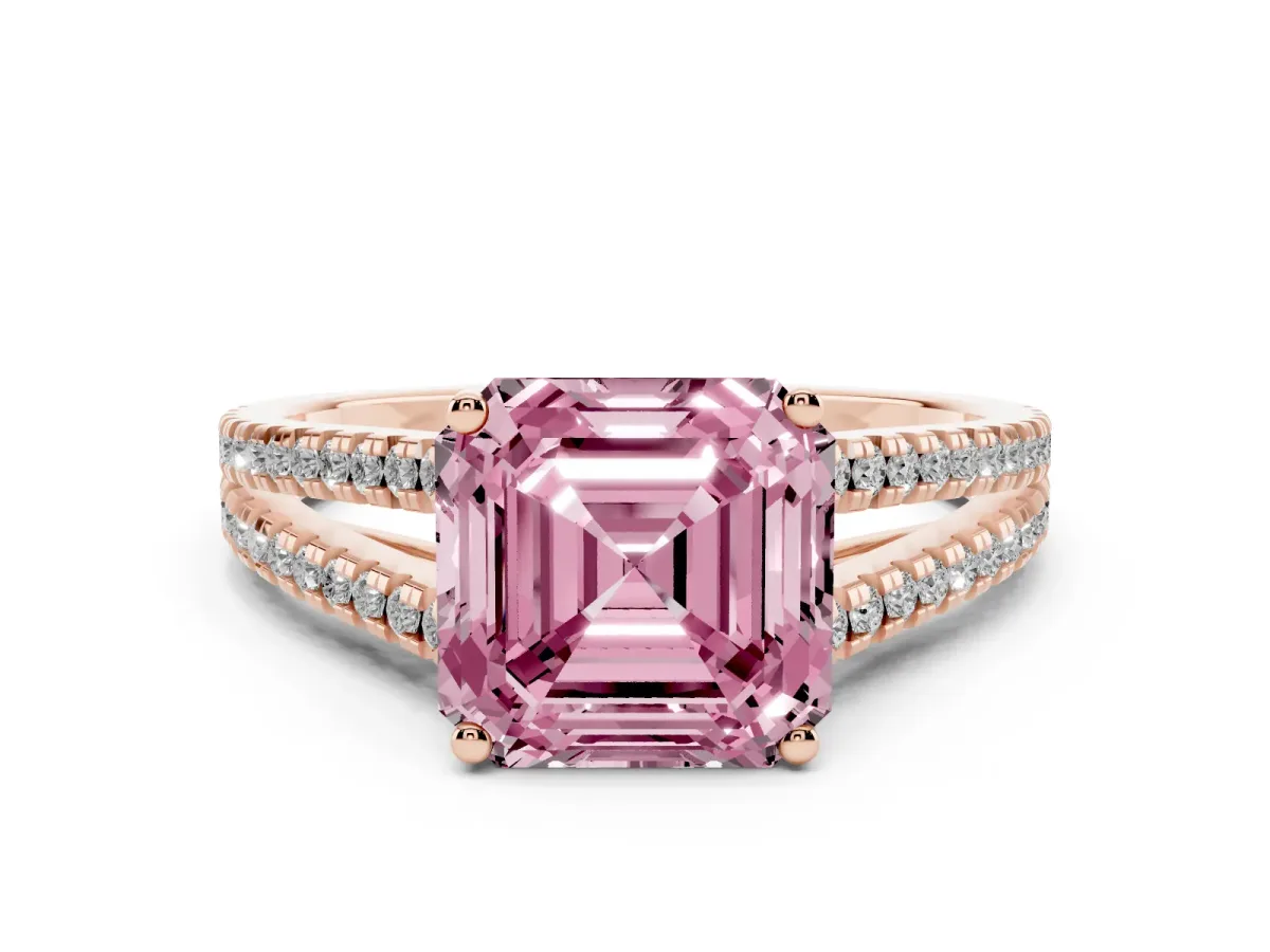 Fancy Pink Asscher Cut Diamond Solitaire Engagement Ring with Split Shank Pavé Band Rose gold