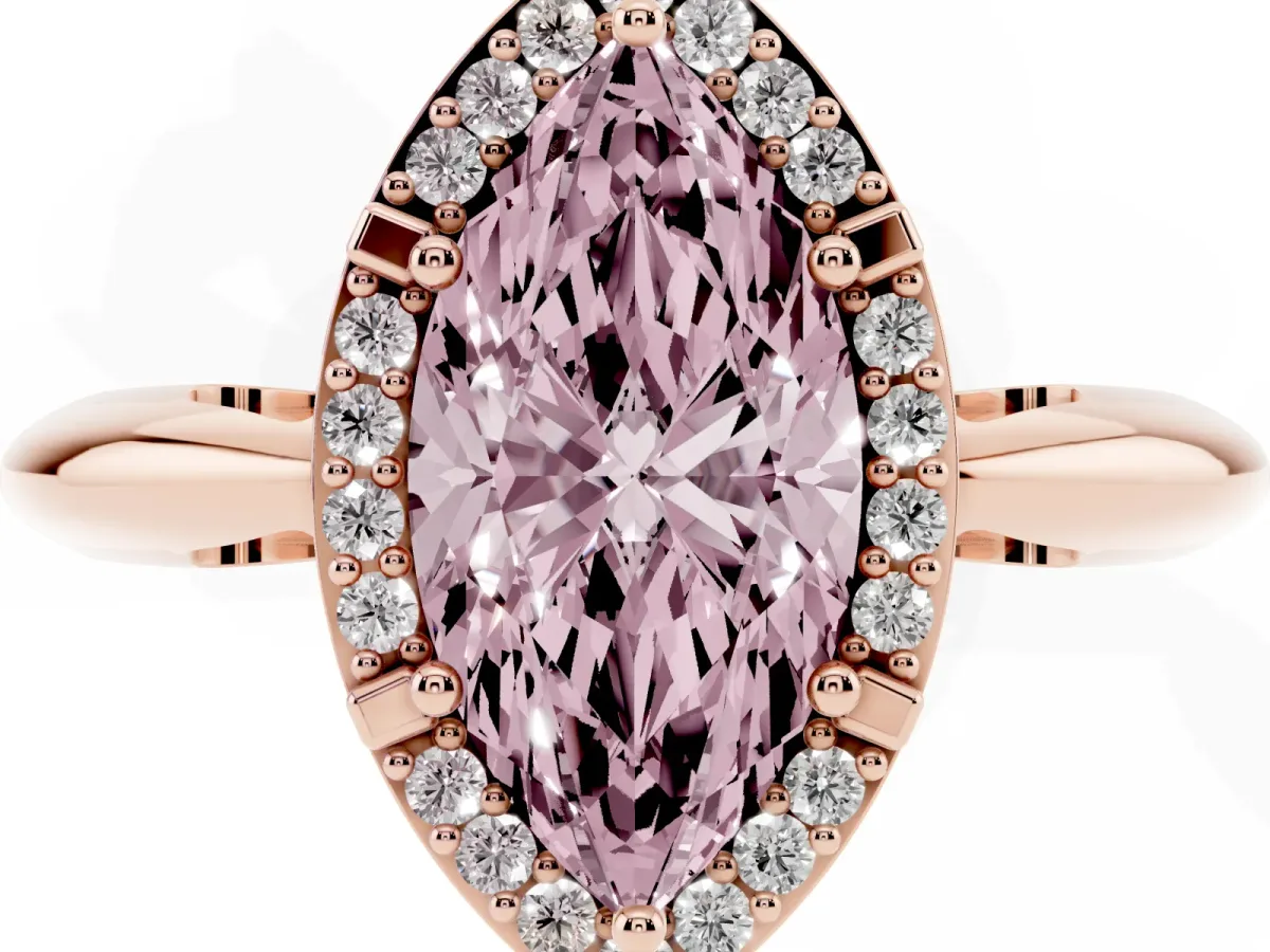Fancy Pink Marquise Cut Cut Diamond Halo Engagement Ring with Split Shank and Four-Prong Setting Rose gold