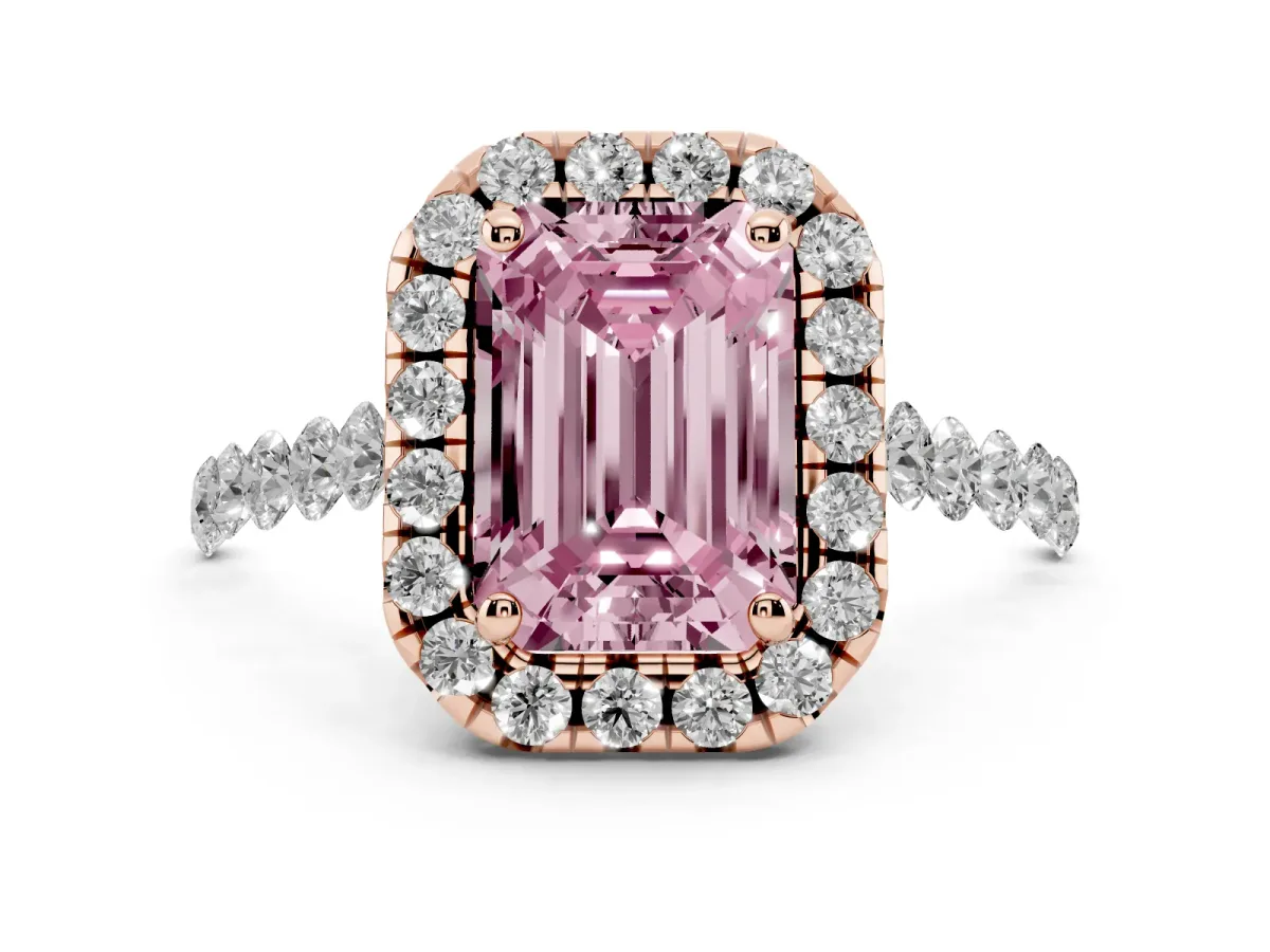 Fancy Pink Emerald Cut Halo Pavé Diamond Engagement Ring with Four-Prong Setting Rose gold