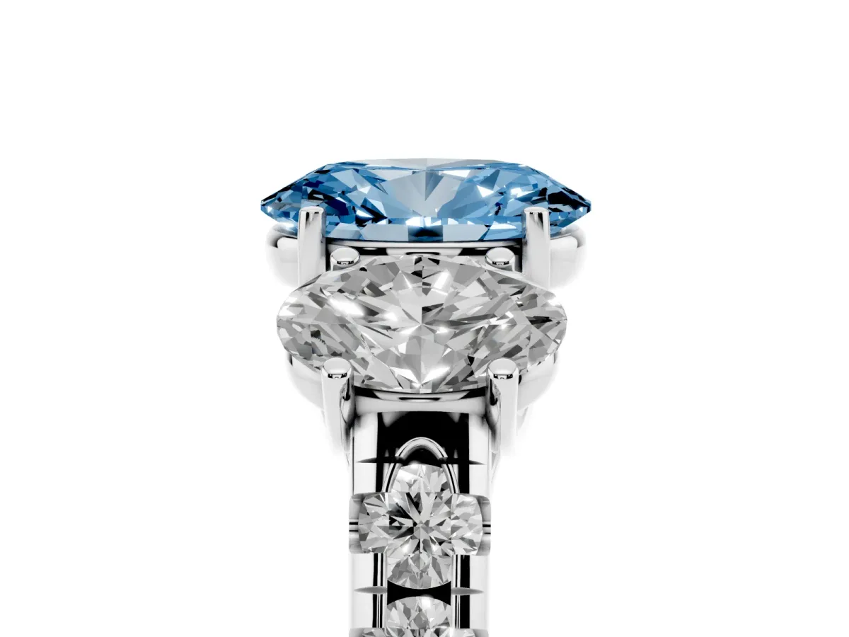 Fancy Blue Three-Stone Oval Cut Diamond Pavé Band with Prong Setting Platinum