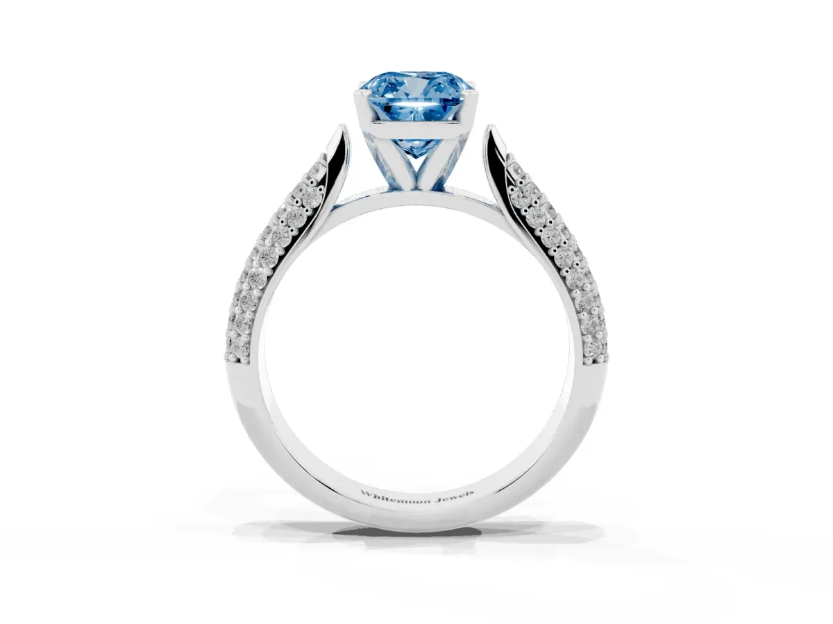 Fancy Blue Cushion Cut Diamond Solitaire Engagement Ring with Multi-Row Round Pavé Band and Prong Setting Silver