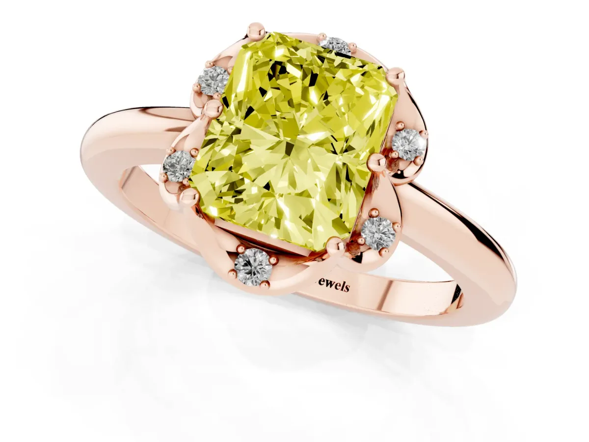 Fancy Yellow Radiant Cut Halo Diamond Ring with Round Cluster Setting, Solitaire Band, and Four-Prong Setting Rose gold