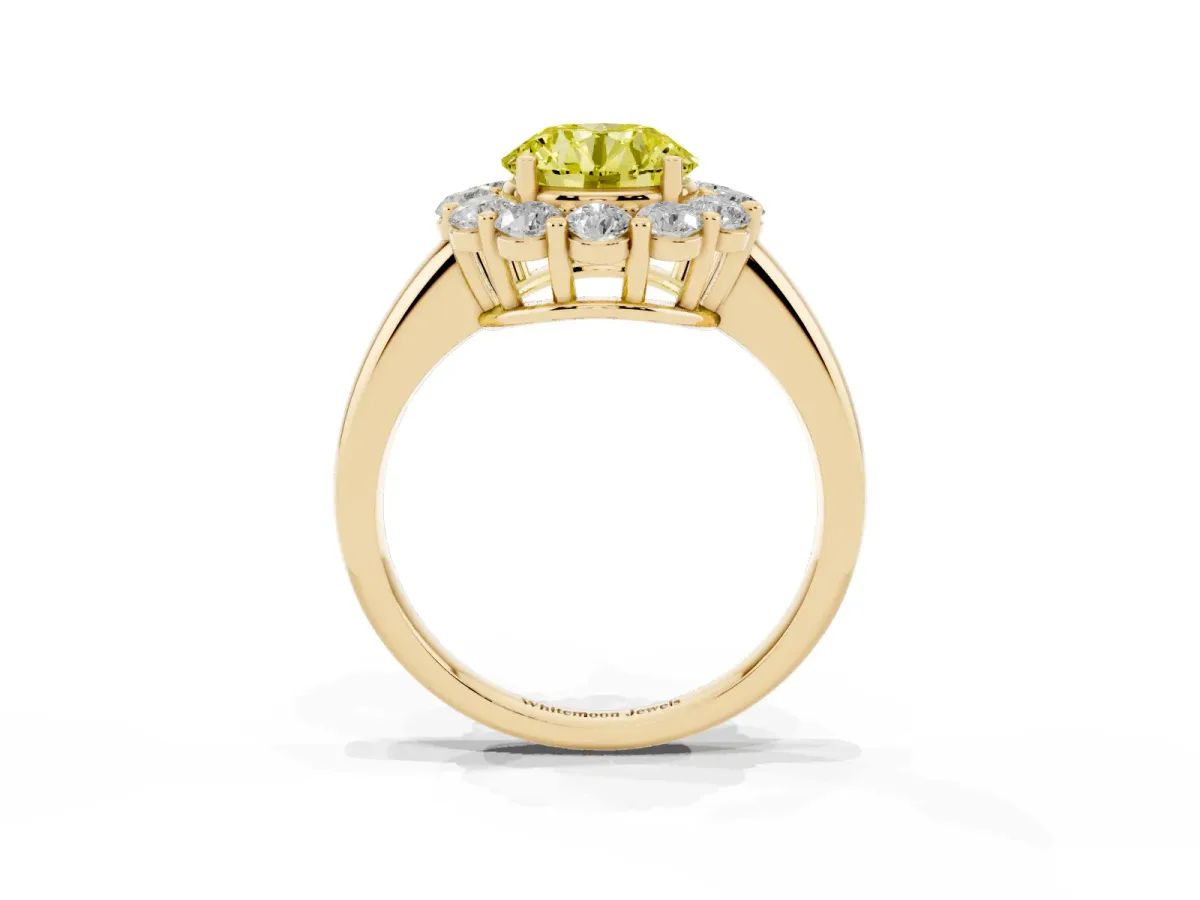 Fancy Yellow Round Cut Halo Cluster Diamond Engagement Ring with Prong Setting and Polished Band Yellow gold