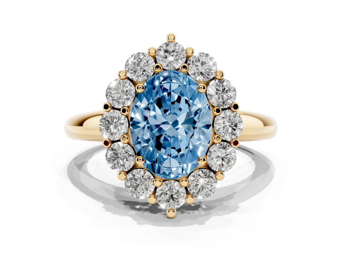 Fancy Blue Oval Cut Halo Cluster Diamond Engagement Ring with Prong Setting and Polished Band Yellow gold