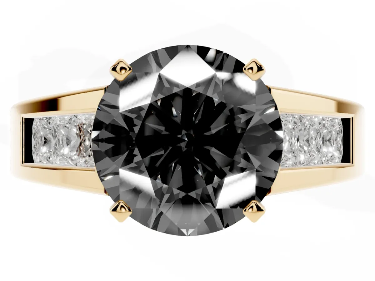 Fancy Black Round Cut Cut Channel Set Solitaire Ring with Four-Prong Setting Yellow gold