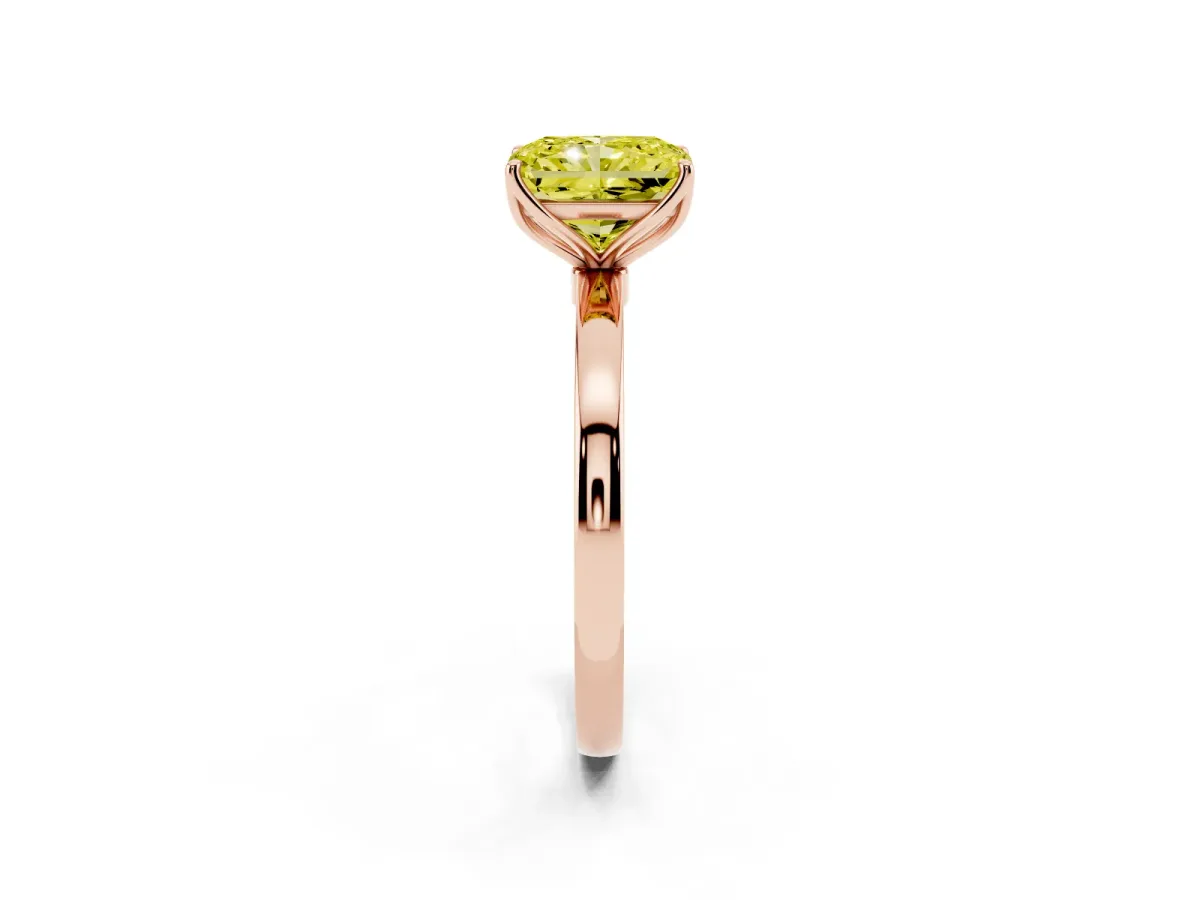 Fancy Yellow Radiant Cut Diamond Solitaire Ring with Thin Band and Prong Setting Rose gold