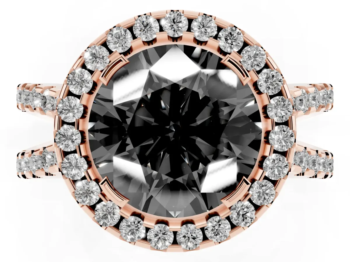 Fancy Black Round Cut Diamond Halo Ring with Split Shank Pavé Band and Prong Setting Rose gold