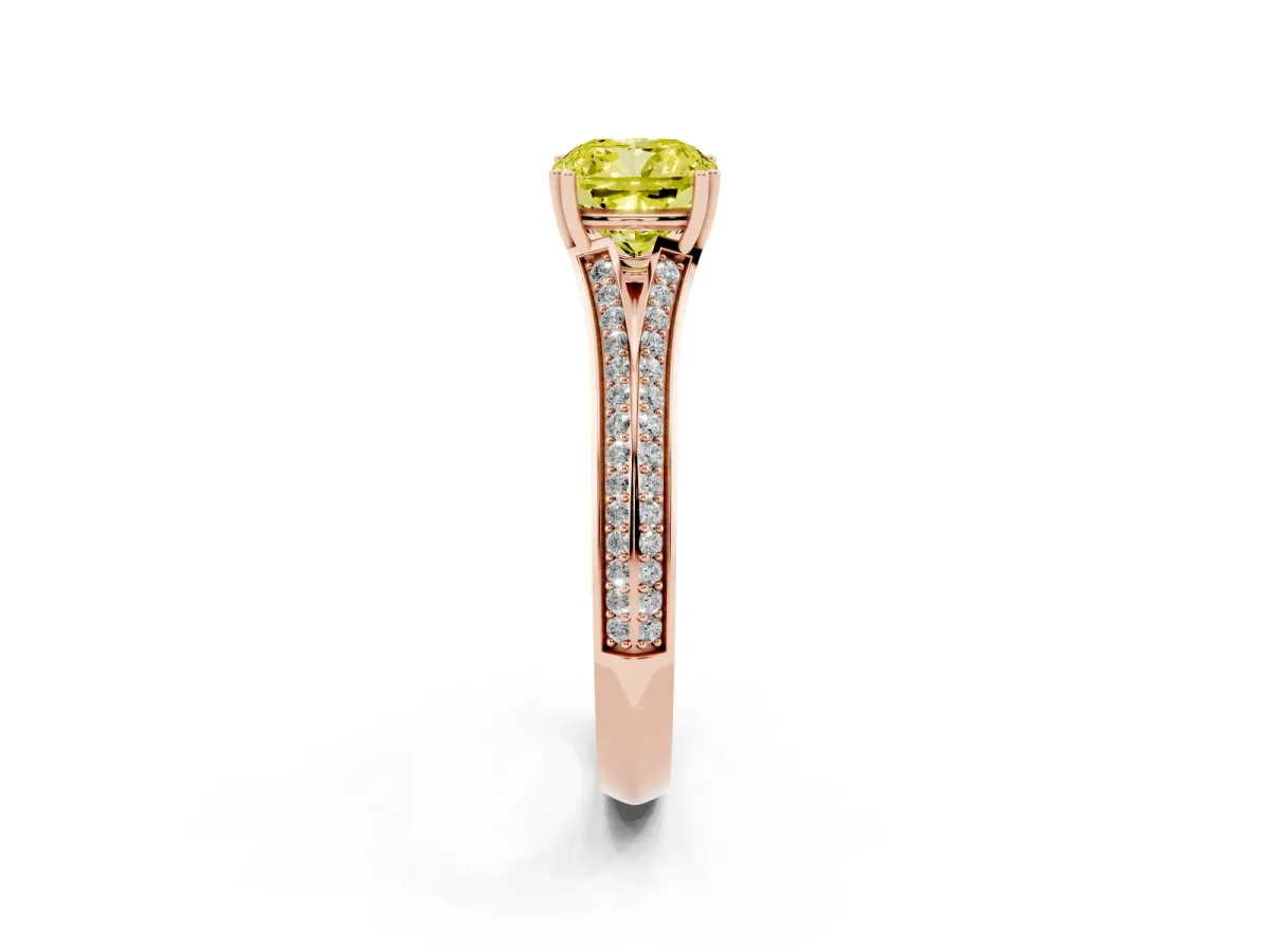 Fancy Yellow Cushion Cut Diamond Split Shank Engagement Ring with Pavé Band Rose gold
