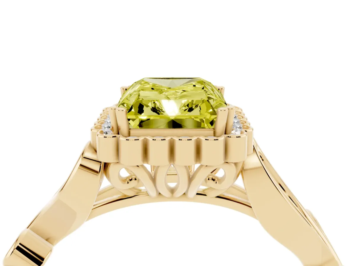 Fancy Yellow Radiant Cut Diamond Halo Ring with Vintage Split Shank and Four-Prong Setting Yellow gold