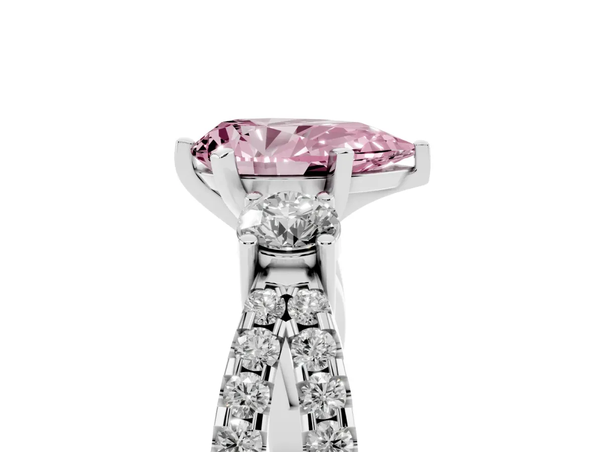 Fancy Pink Pear Cut Diamond Three-Stone Ring with Pavé Split Shank and Four-Prong Setting Silver