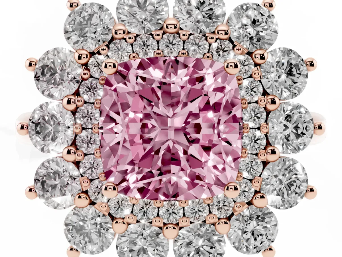 Fancy Pink Cushion Cut Diamond Floral Double Halo Engagement Ring with Prong Setting Rose gold