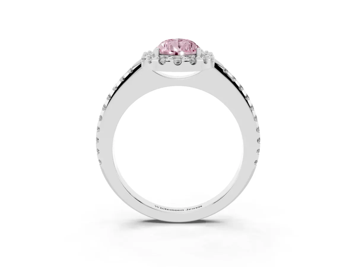 Fancy Pink Pear Cut Diamond Pavé Halo Ring with Four-Prong Setting Platinum