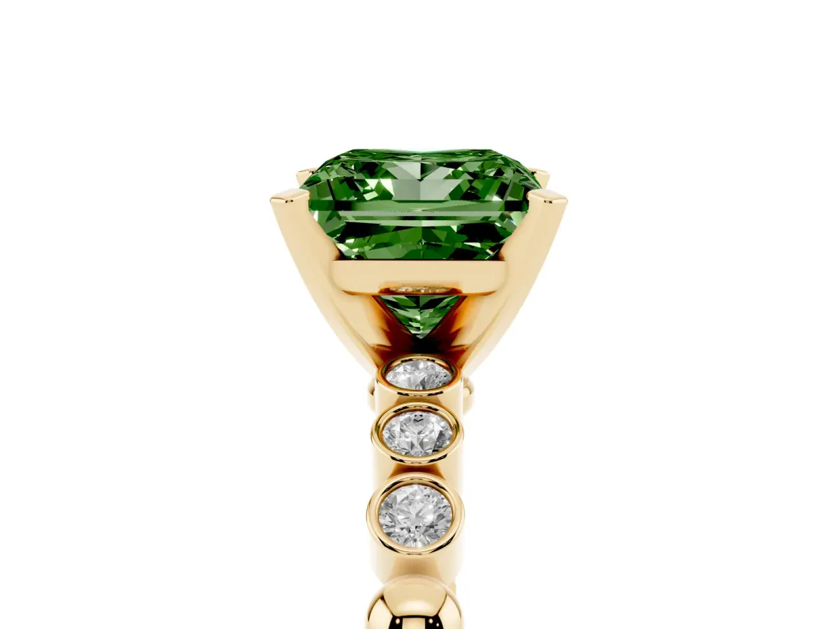Fancy Green Princess Cut Solitaire Bezel Accent Diamond Engagement Ring with Beaded Band and Four-Prong Setting Yellow gold