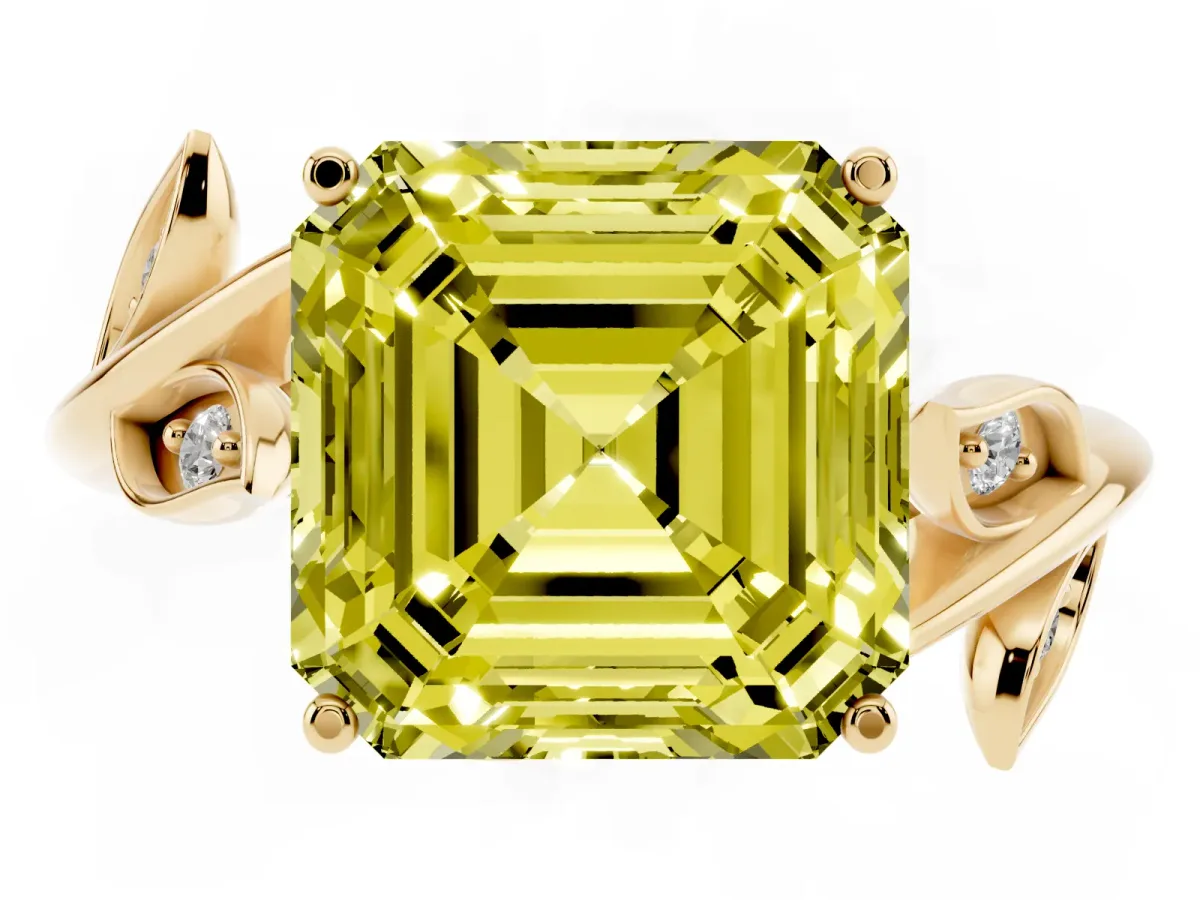 Fancy Yellow Asscher Cut Solitaire Twist Engagement Ring with Leaf Accents and Prong Setting Yellow gold