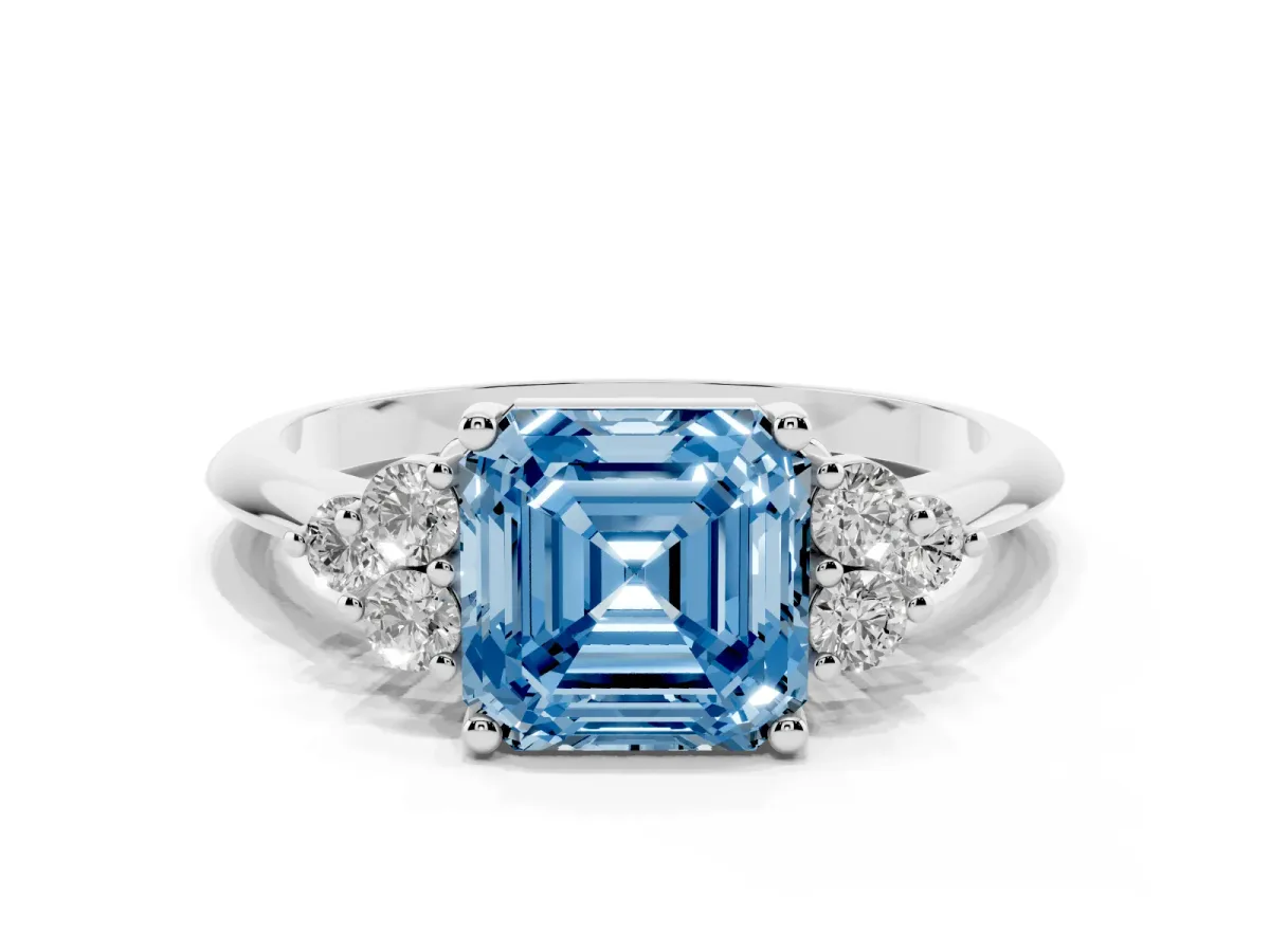 Fancy Blue Asscher Cut Cut Diamond Cluster Ring with Solitaire Band and Four-Prong Setting Silver