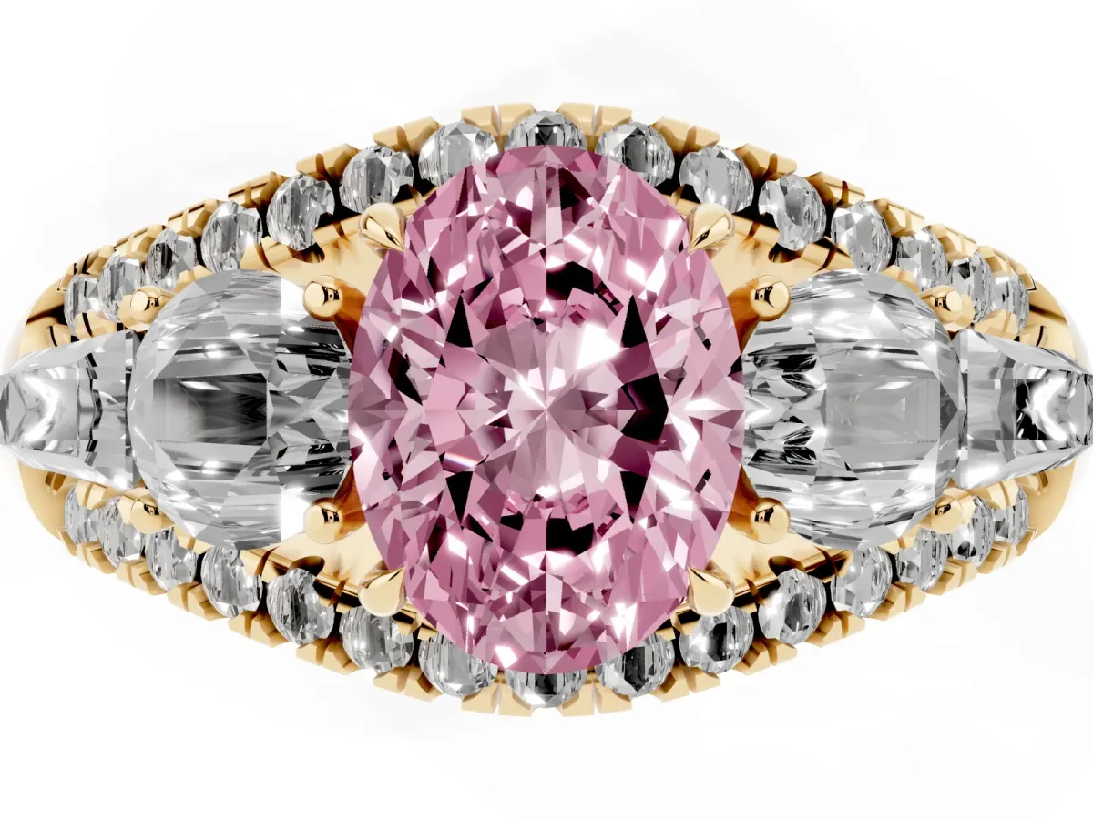 Fancy Pink Three-Stone Oval Cut Diamond Engagement Ring with Pave Band and Prong Setting Yellow gold