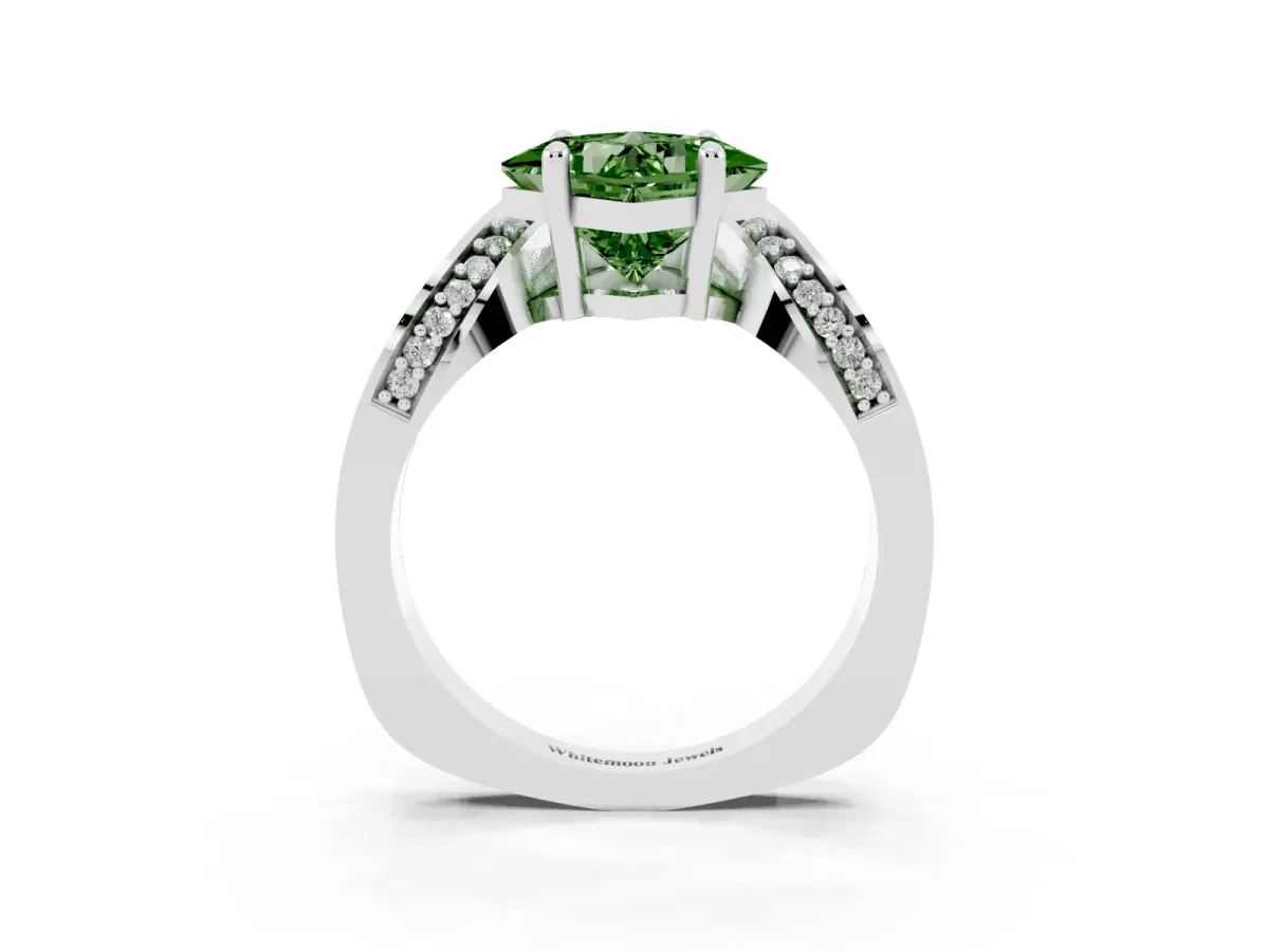 Fancy Green Princess Cut Solitaire Diamond Engagement Ring with Pave Band and Four-Prong Setting White gold