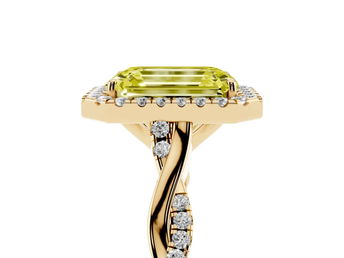 Fancy Yellow Emerald Cut Halo Twist Band Solitaire Ring Yellow gold