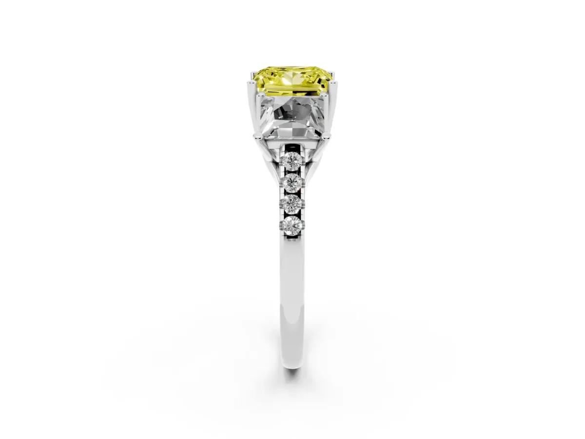 Fancy Yellow Three-Stone Princess Cut Diamond Ring with Round Pavé Band and Prong Setting Silver