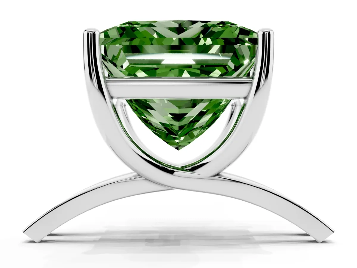 Fancy Green Princess Cut Cut Diamond Solitaire Engagement Ring with Tapered Plain Band and Four-Prong Setting Silver