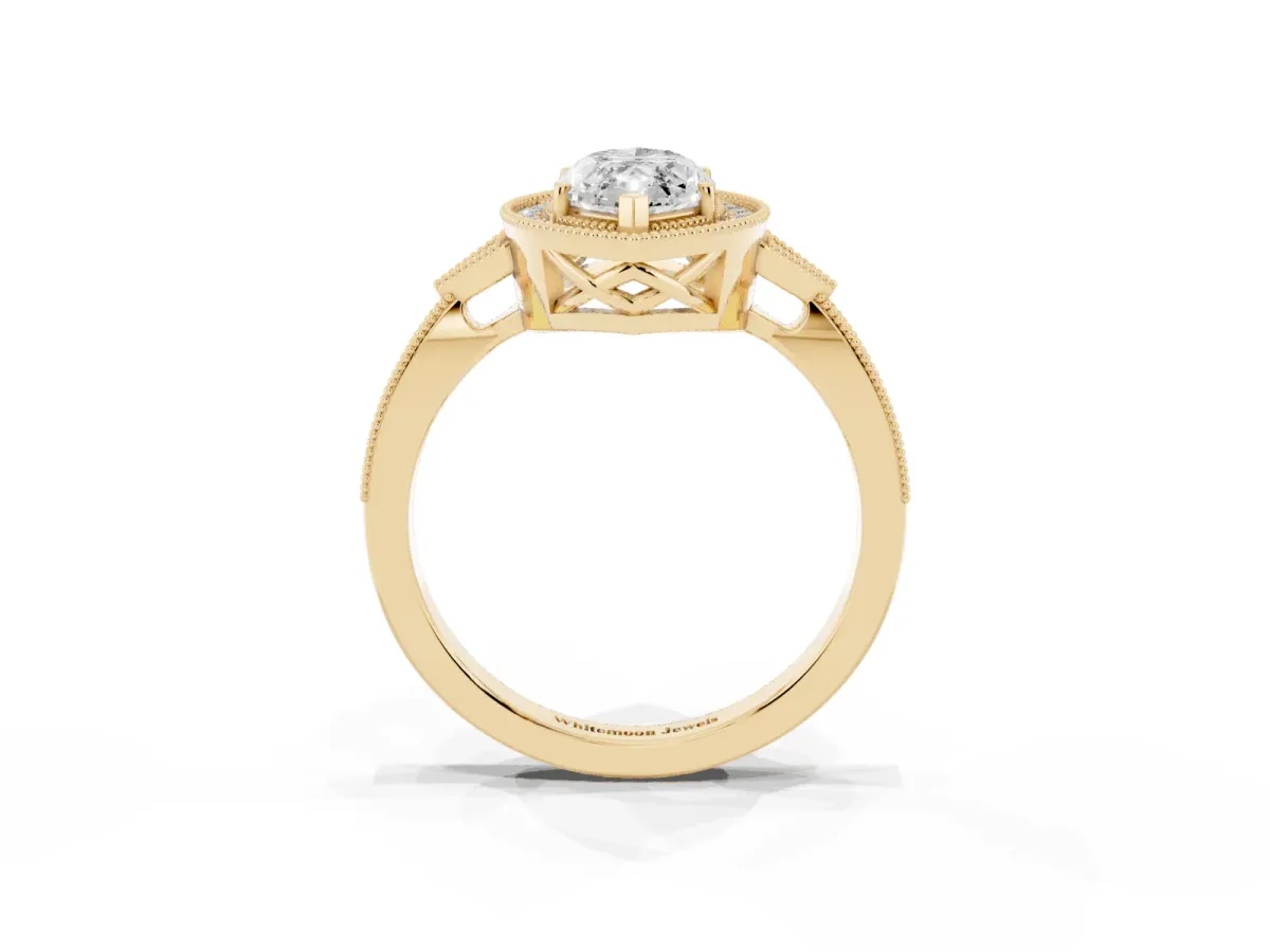 Marquise Cut Halo Round Diamond Milgrain Pave Engagement Ring Yellow gold