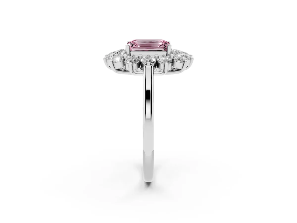 Fancy Pink Emerald Cut Diamond Floral Double Halo Engagement Ring with Prong Setting White gold