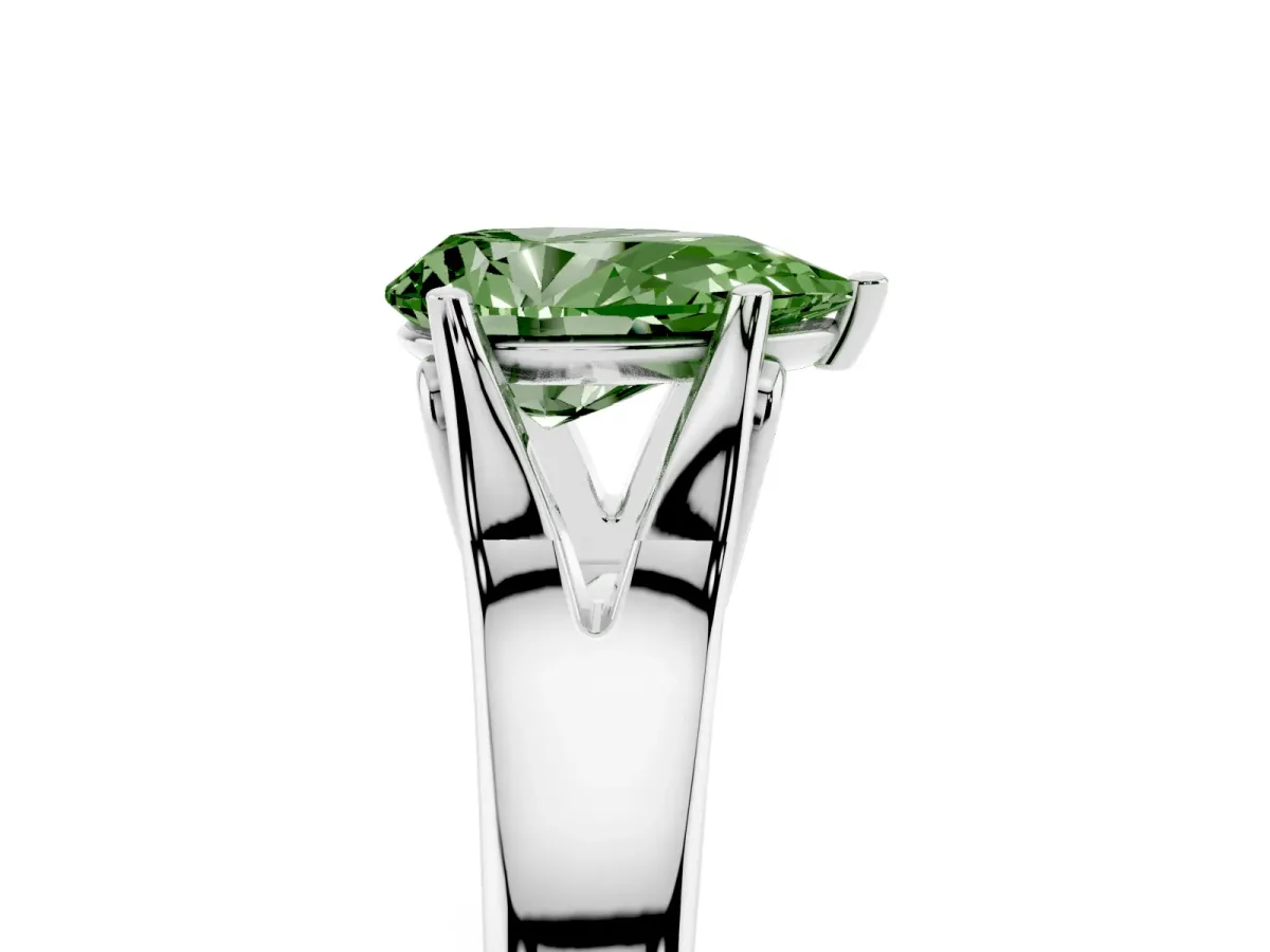 Fancy Green Pear Cut Solitaire Diamond Ring with Cathedral Band and Four-Prong Setting Silver