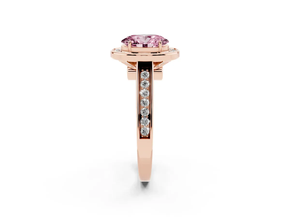 Fancy Pink Oval Cut Halo Solitaire Diamond Ring with Pave Band and Bezel Setting Rose gold
