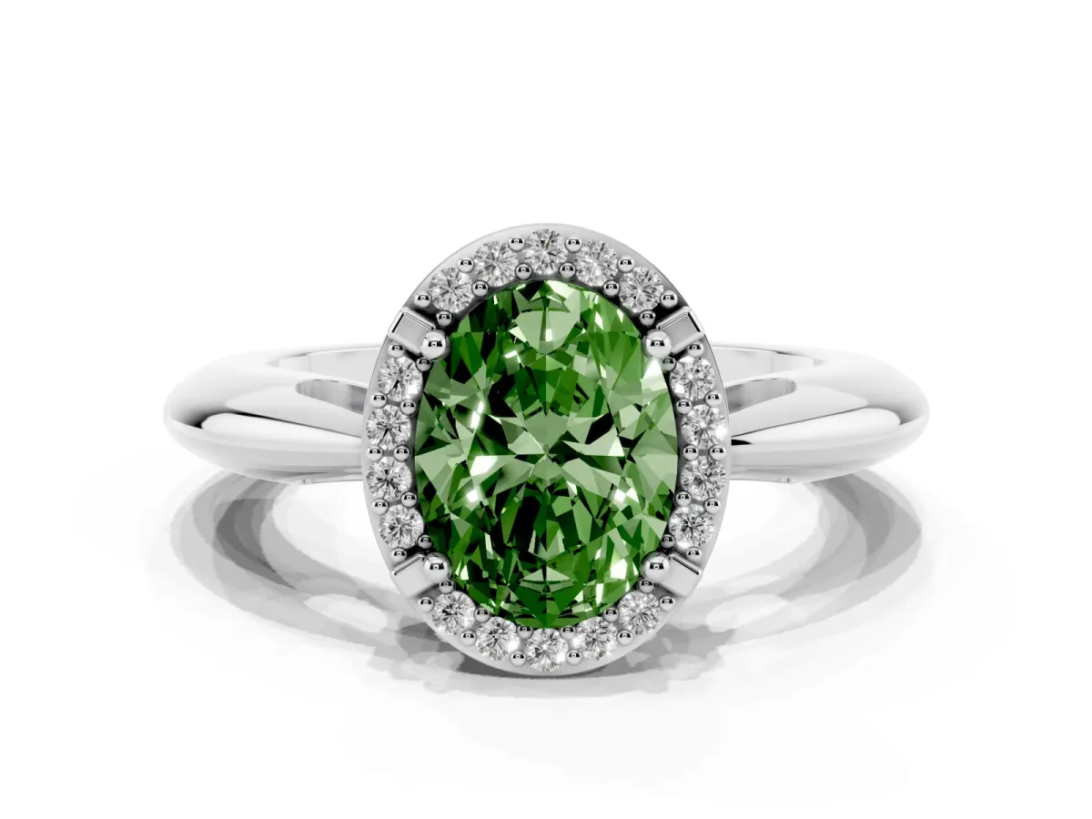 Fancy Green Oval Cut Cut Diamond Halo Engagement Ring with Split Shank and Four-Prong Setting Silver