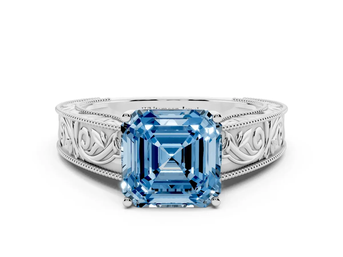 Fancy Blue Asscher Cut Diamond Solitaire Ring with Engraved Band and Four-Prong Setting White gold