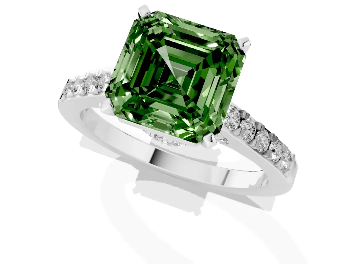 Fancy Green Asscher Cut Diamond Solitaire Ring with Crossover Gallery and Round Pavé Band White gold