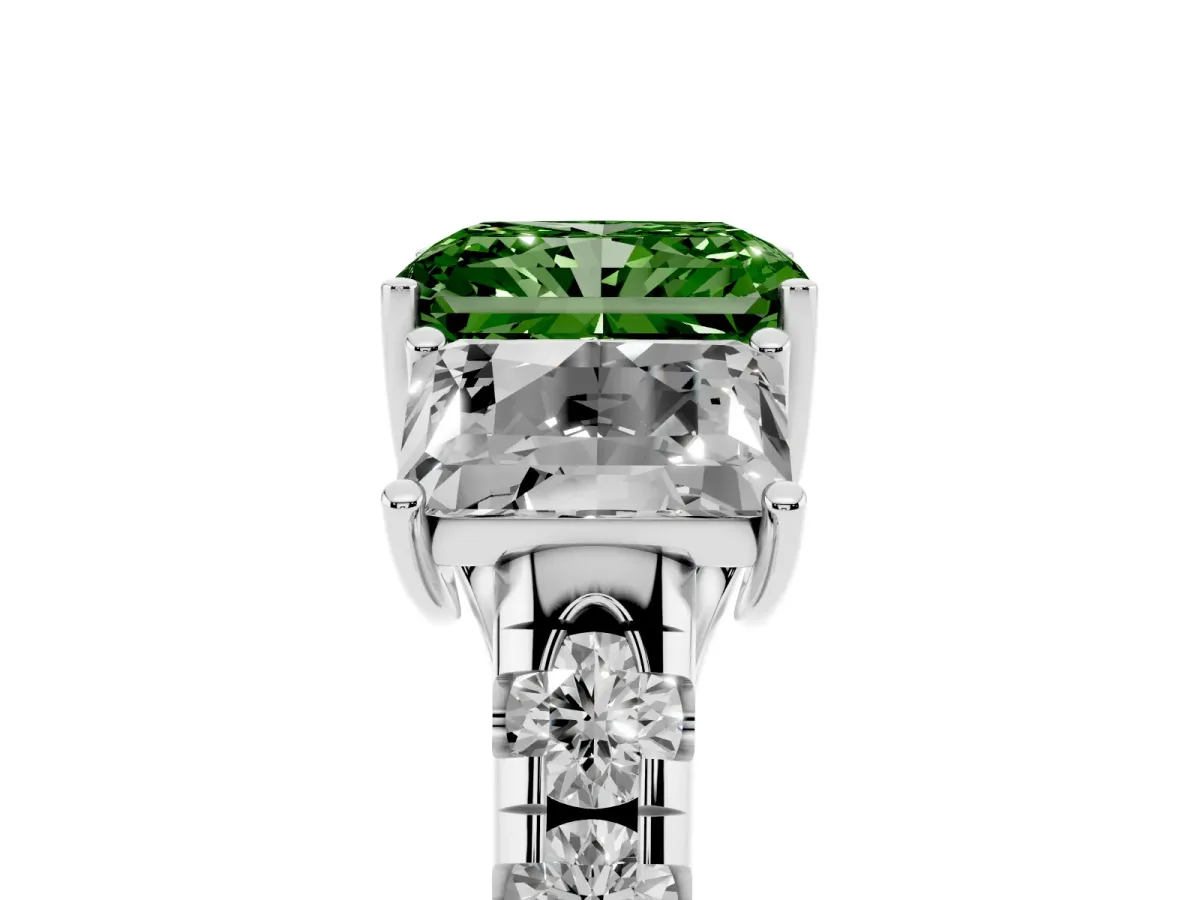 Fancy Green Three-Stone Radiant Cut Diamond Pavé Band with Prong Setting Silver