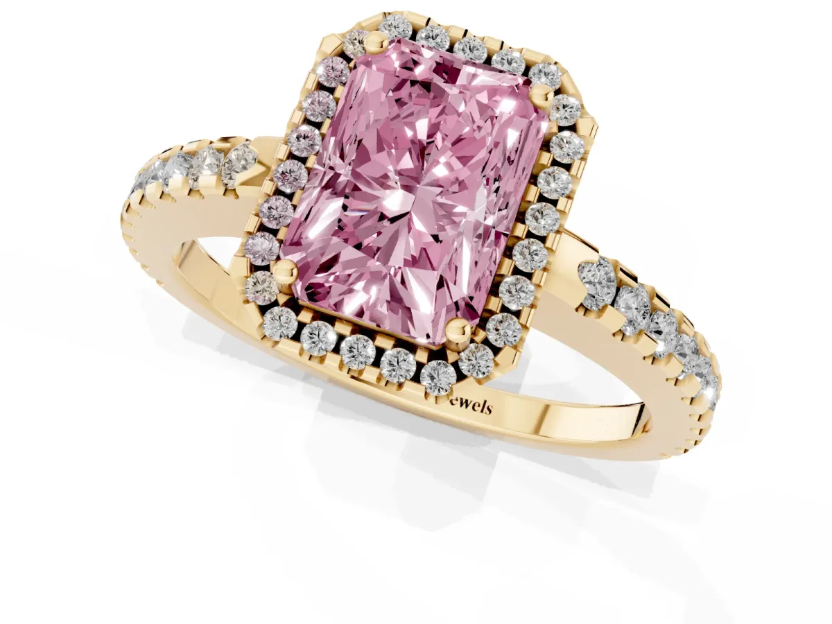 Fancy Pink Radiant Cut Diamond Halo Engagement Ring with Pavé Band and Prong Setting Yellow gold
