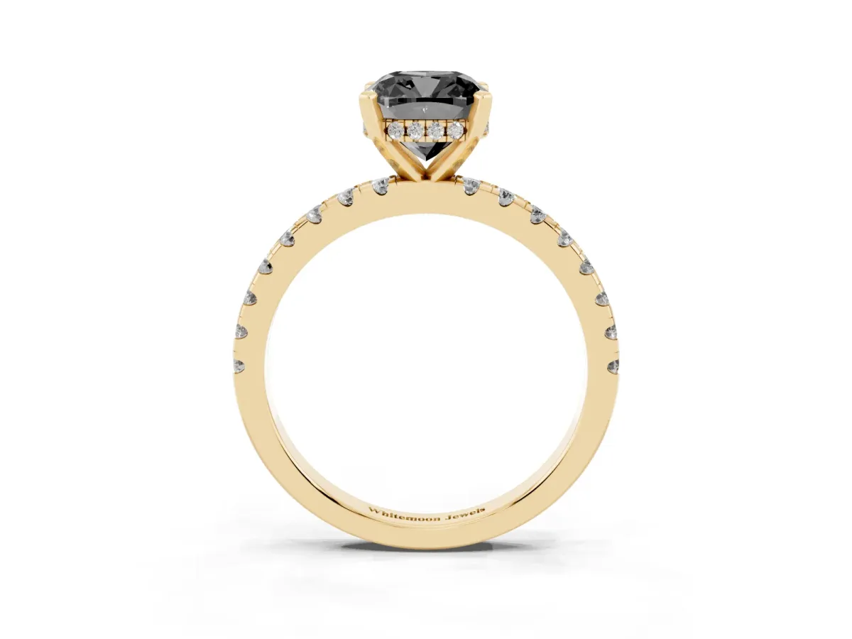 Fancy Black Cushion Cut Diamond Solitaire Ring with Round Pavé Band and Four-Prong Setting Yellow gold
