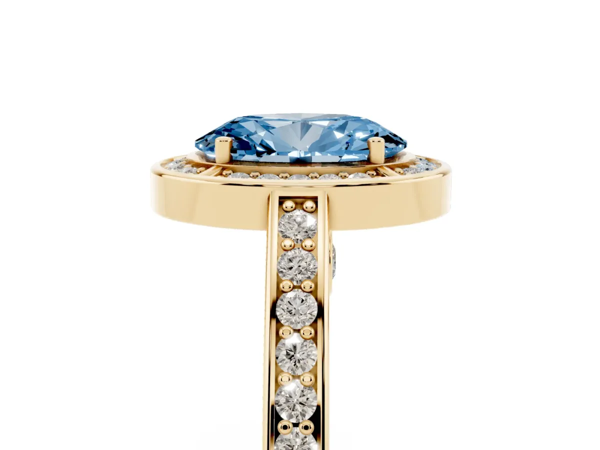 Fancy Blue Oval Cut Cut Halo Pave Split Shank Prong Setting Ring Yellow gold