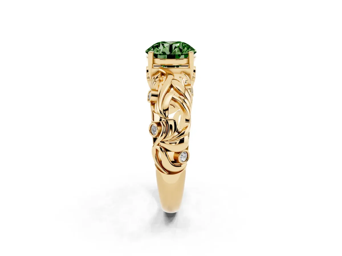 Fancy Green Round Cut Solitaire Diamond Leaf-Inspired Vine Band Ring with Prong Setting Yellow gold