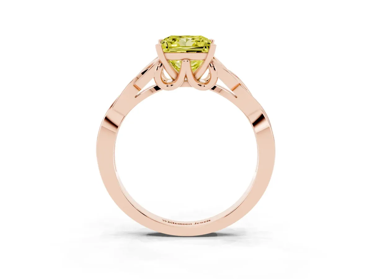 Fancy Yellow Princess Cut Diamond Solitaire Engagement Ring with Celtic Knot Band and Four-Prong Setting Rose gold