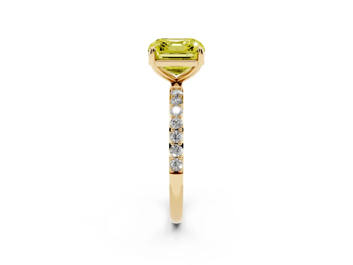 Fancy Yellow Asscher Cut Diamond Solitaire Ring with Round Pavé Band and Prong Setting Yellow gold