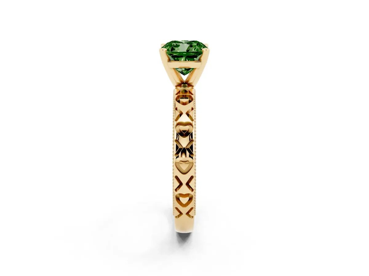 Fancy Green Cushion Cut Solitaire Diamond Engagement Ring with XO Engraved Band and Four-Prong Setting Yellow gold