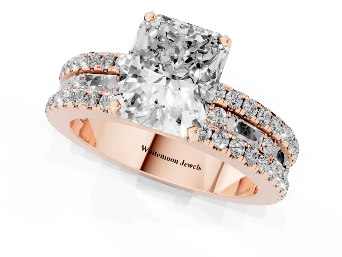 Radiant Cut Diamond Solitaire Ring with Pavé and Channel Set Band Rose gold