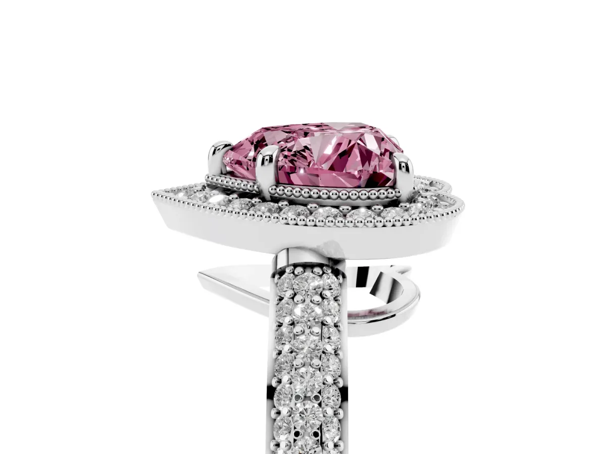 Fancy Pink Heart Cut Cut Halo Diamond Pave Band with Four-Prong Setting Silver