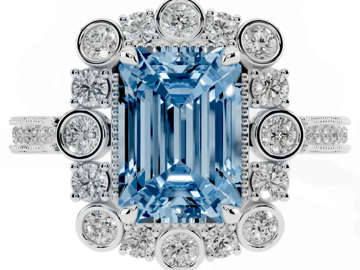 Fancy Blue Emerald Cut Halo Milgrain Pave Diamond Ring with Four-Prong Setting Silver