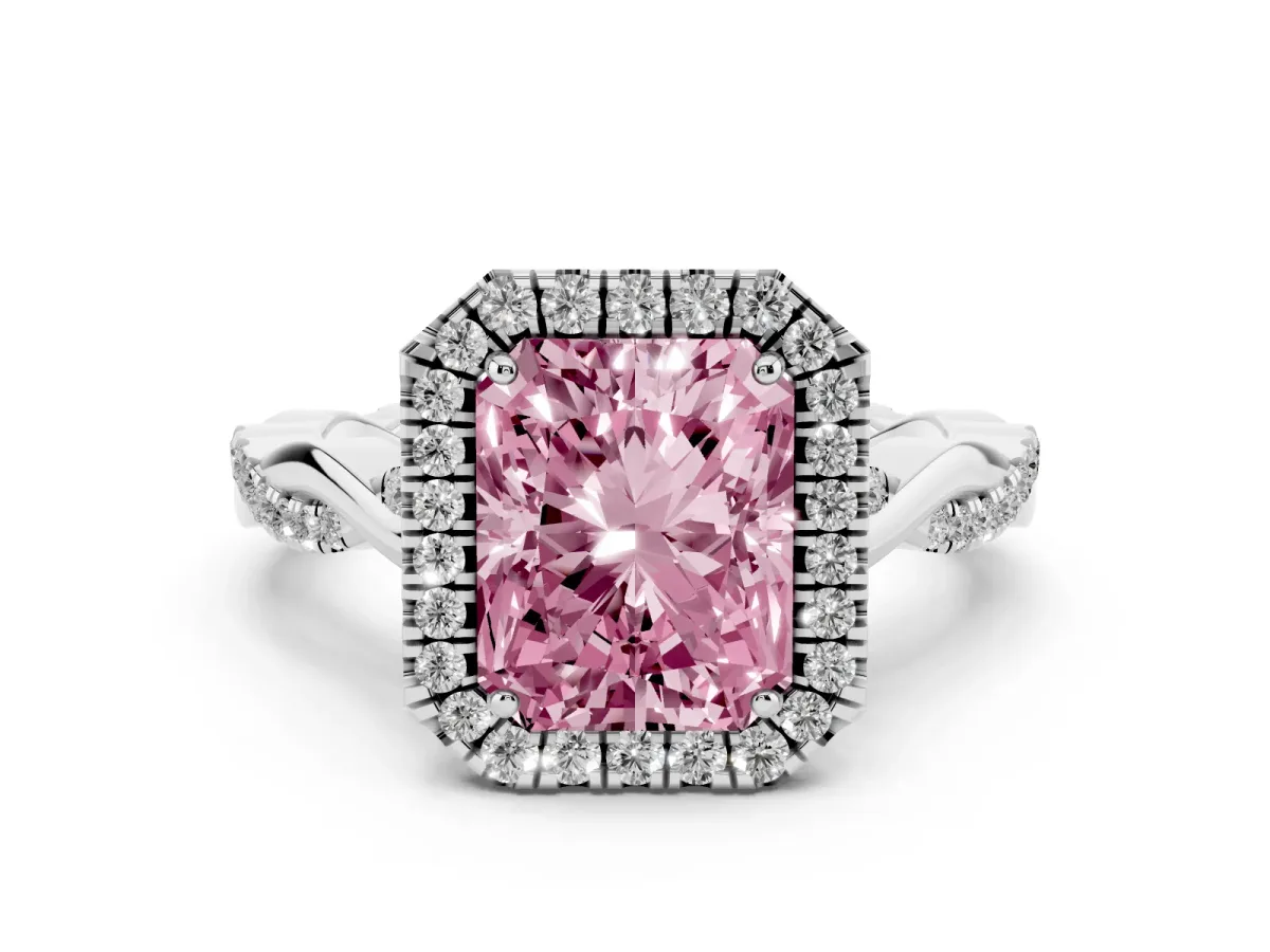 Fancy Pink Radiant Cut Halo Twist Band Solitaire Ring Silver