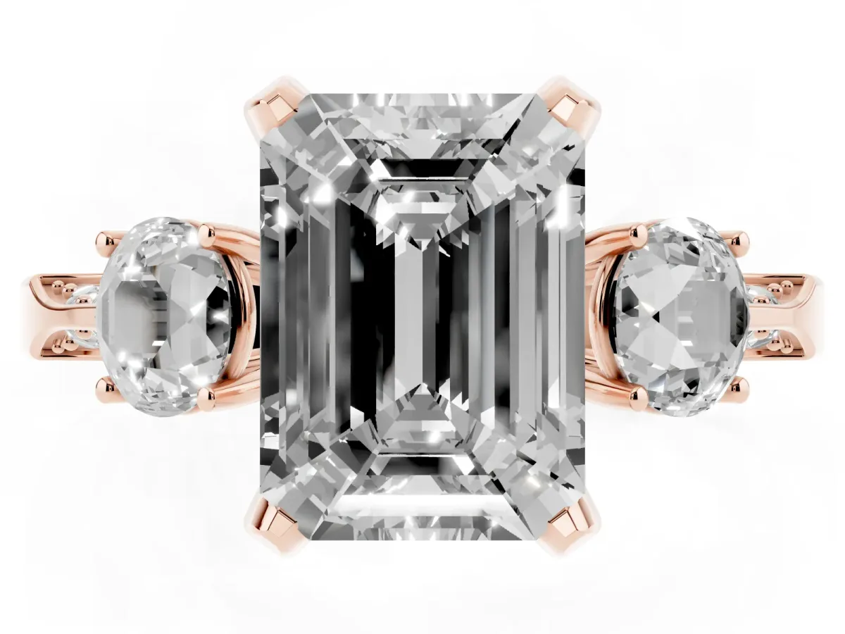 Fancy Black Emerald Cut Brilliant Three-Stone Diamond Ring with Pavé Band and Four-Prong Setting Rose gold
