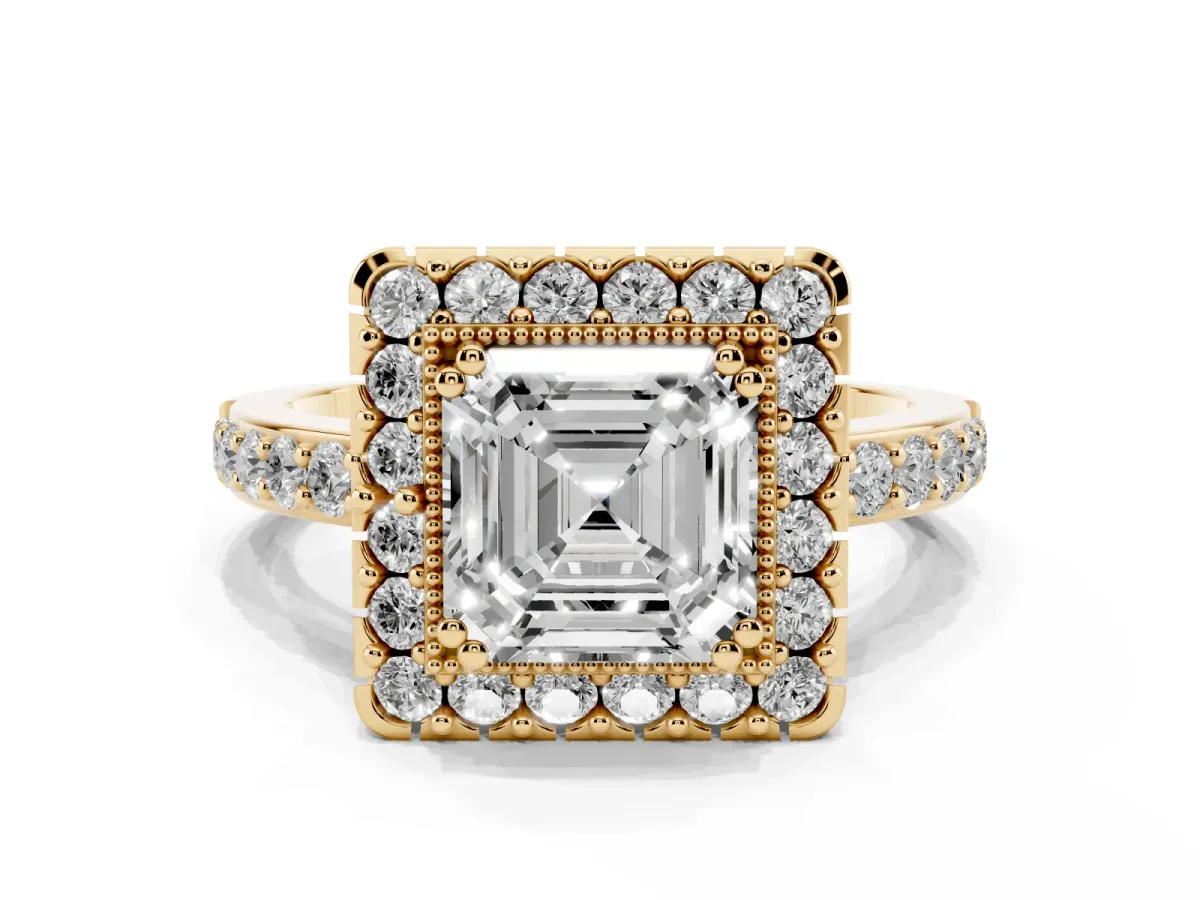 Asscher Cut Diamond Halo Ring with Pavé Band and Prong Setting Yellow gold