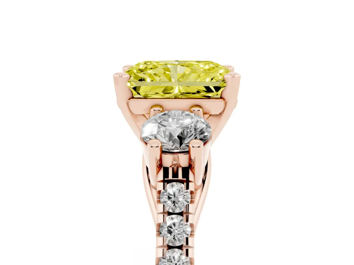 Fancy Yellow Three-Stone Radiant Cut Diamond Pavé Band with Four-Prong Setting Rose gold