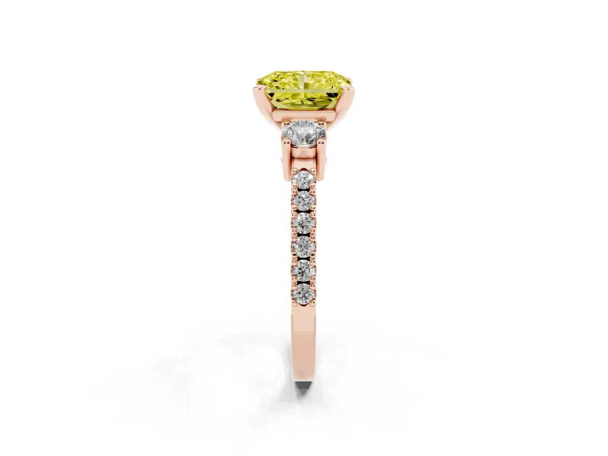 Fancy Yellow Radiant Cut Three-Stone Diamond Pavé Band with Prong Setting Rose gold