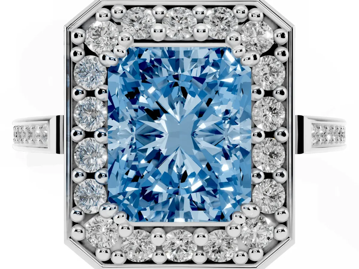 Fancy Blue Radiant Cut Diamond Halo Ring with Split Shank and Four-Prong Setting Platinum