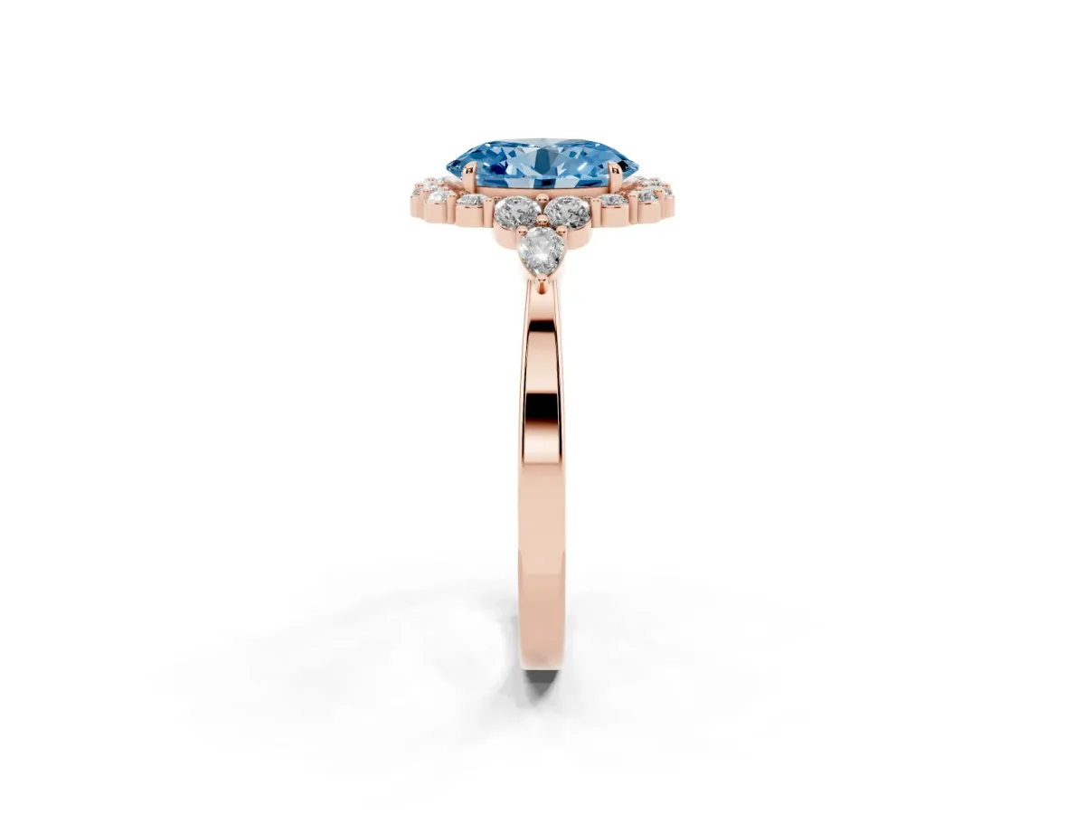 Fancy Blue Oval Cut Diamond Halo Ring with Pear Side Stones and Prong Setting Rose gold